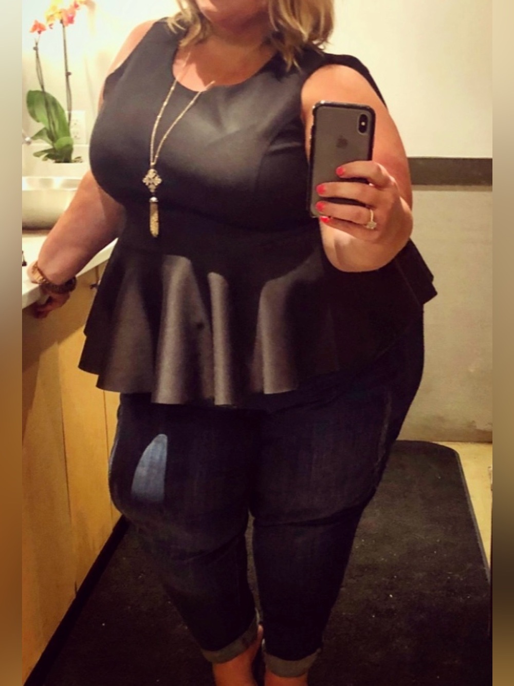 Eloquii Black & Hot Pink Scuba Peplum Sleeveless Top
